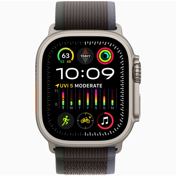 عکس ساعت اپل اولترا 2 بدنه تیتانیوم و بند تریل آبی/مشکی، عکس Apple Watch Ultra 2 Titanium Case with Blue/Black Trail Loop