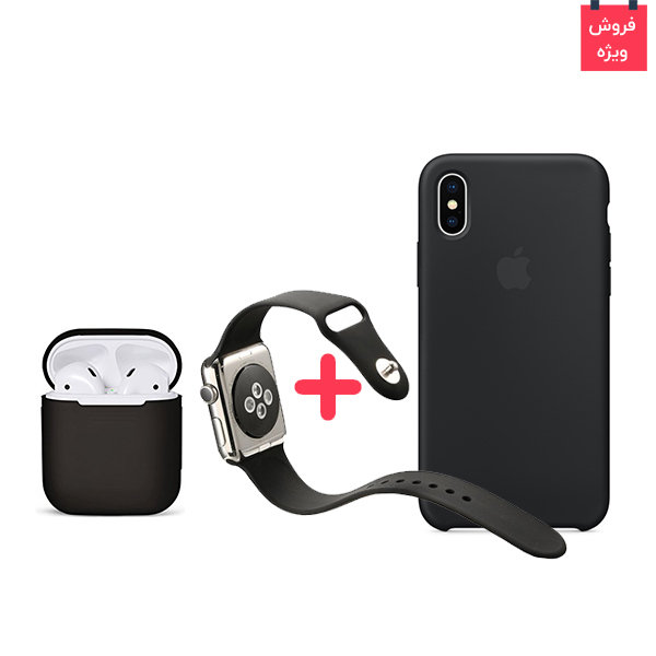 تصاویر قاب آیفون ایکس + کاور ایرپاد + بند اپل واچ سیلیکونی ست مشکی، تصاویر iPhone X Case + AirPod Case + Apple Watch Band Silicone Black Set