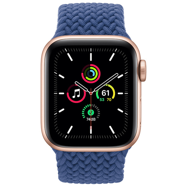 عکس ساعت اپل اس ای جی پی اس Apple Watch SE GPS Gold Aluminum Case with Atlantic Blue Braided Solo Loop، عکس ساعت اپل اس ای جی پی اس بدنه آلومینیم طلایی و بند سولو لوپ بافته شده آبی