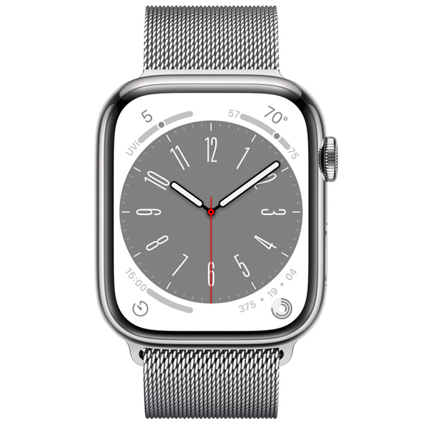 عکس ساعت اپل سری 8 سلولار Apple Watch Series 8 Cellular Silver Stainless Steel Case with Silver Milanese Loop 41mm، عکس ساعت اپل سری 8 سلولار بدنه استیل نقره ای و بند استیل میلان نقره ای 41 میلیمتر