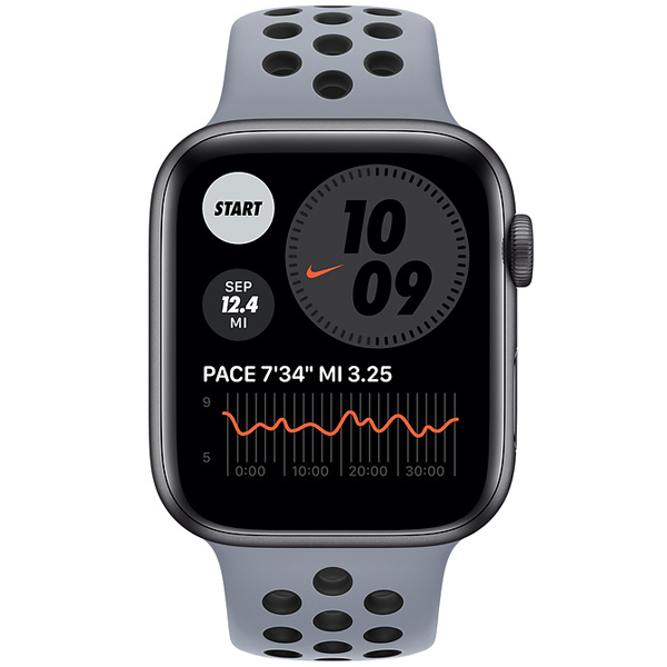 عکس ساعت اپل سری 6 نایکی Apple Watch Series 6 Nike Space Gray Aluminum Case with Obsidian Mist/Black Nike Sport Band 44mm، عکس ساعت اپل سری 6 نایکی بدنه آلومینیم خاکستری و بند نایکی طوسی و مشکی 44 میلیمتر