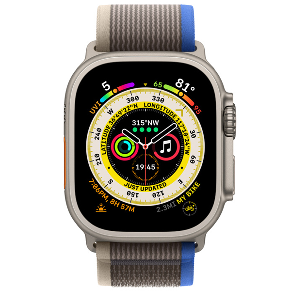 عکس ساعت اپل اولترا Apple Watch Ultra Titanium Case with Blue/Gray Trail Loop، عکس ساعت اپل اولترا بدنه تیتانیوم و بند تریل آبی و خاکستری