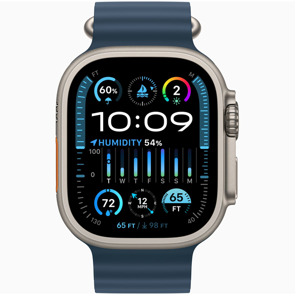 عکس ساعت اپل اولترا 2 بدنه تیتانیوم و بند اوشن آبی، عکس Apple Watch Ultra 2 Titanium Case with Blue Ocean Band