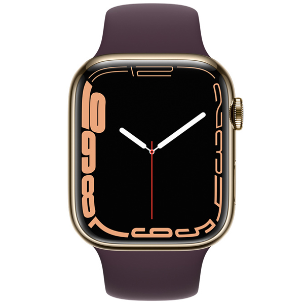عکس ساعت اپل سری 7 سلولار Apple Watch Series 7 Cellular Gold Stainless Steel Case with Dark Cherry Sport Band 45mm، عکس ساعت اپل سری 7 سلولار بدنه استیل طلایی با بند اسپرت گیلاسی تیره 45 میلیمتر