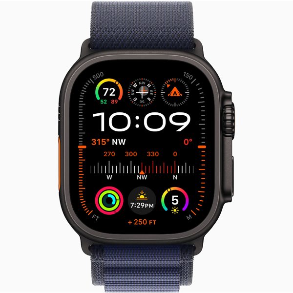 عکس ساعت اپل اولترا 2 بدنه تیتانیوم مشکی و بند آلپاین آبی، عکس Apple Watch Ultra 2 Black Titanium Case with Navy Alpine Loop