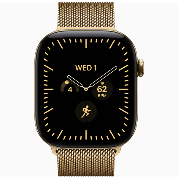 عکس ساعت اپل سری 12 بدنه تیتانیوم طلایی و بند میلان طلایی 42 میلیمتر، عکس Apple Watch Series 12 Radiant Gold Titanium Case with Radiant Gold Milanese Loop 42mm
