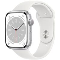 Apple Watch Series 8 Silver Aluminum Case with White Sport Band 45mm، ساعت اپل سری 8 بدنه آلومینیومی نقره ای و بند اسپرت سفید 45 میلیمتر