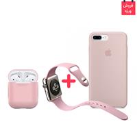 iPhone 8 Plus Case + AirPod Case + Apple Watch Band Silicone Pink Set، قاب آیفون 8 پلاس + کاور ایرپاد + بند اپل واچ سیلیکونی ست صورتی