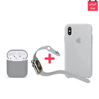 iPhone X Case + AirPod Case + Apple Watch Band Silicone Gray Set، قاب آیفون ایکس + کاور ایرپاد + بند اپل واچ سیلیکونی ست طوسی