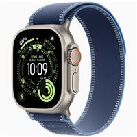 Apple Watch Ultra 3 Natural Titanium Case with Blue/Bright Blue Trail Loop، ساعت اپل اولترا 3 بدنه تیتانیوم نچرال و بند تریل آبی