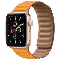 Apple Watch SE GPS Gold Aluminum Case with California Poppy Leather Link، ساعت اپل اس ای جی پی اس بدنه آلومینیم طلایی و بند لینک چرمی خردلی