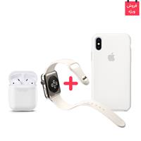 iPhone X Case + AirPod Case + Apple Watch Band Silicone White Set، قاب آیفون ایکس + کاور ایرپاد + بند اپل واچ سیلیکونی سفید