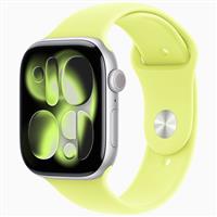 Apple Watch Series 11 Silver Aluminum Case with Neon Yellow Band 42mm، ساعت اپل سری 11 نقره ای و بند اسپرت زرد 42 میلیمتر